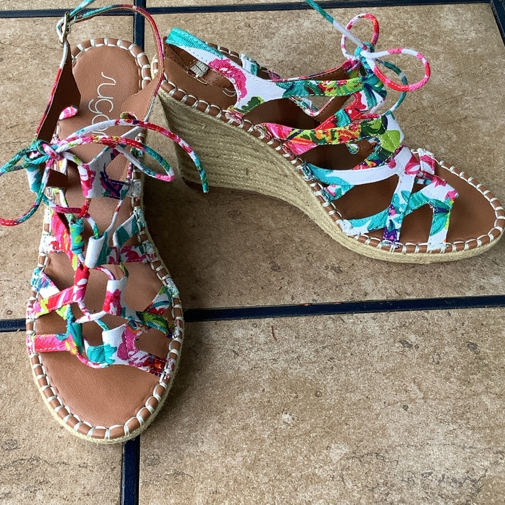 Sugar White Floral Multi-Color Espadrille Wedge Sandals